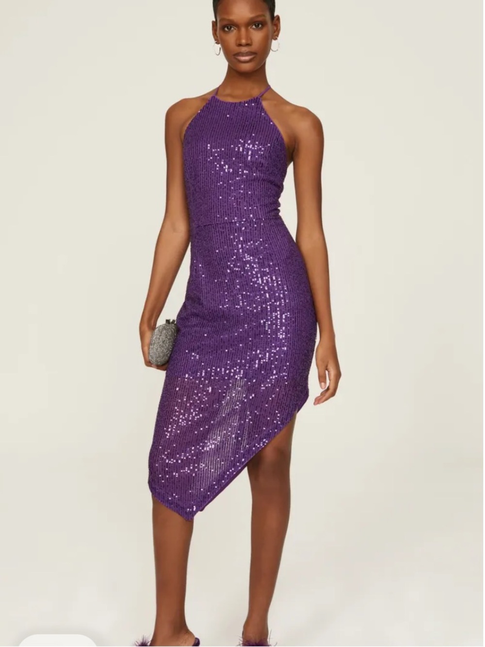 TOCCIN x RTR Purple Sequin Halter Asymmetrical Midi Dress Size 4 Cocktail Party